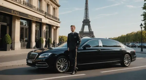 Un homme en costume attend devant une berline noire, prêt pour son transport pour Orly. La Tour Eiffel se dresse en arrière-plan.