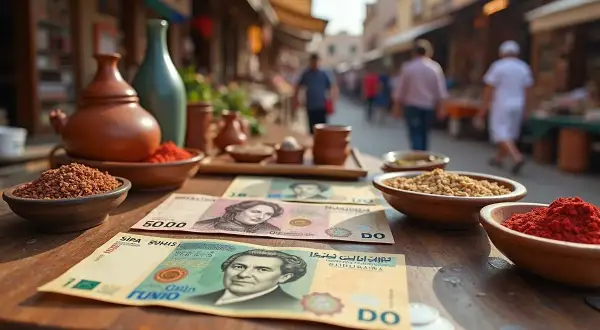 Na stole leżą banknoty dinar tunezyjski, obok miseczki z przyprawami i ziarnami. W tle widać gwarny targ.
