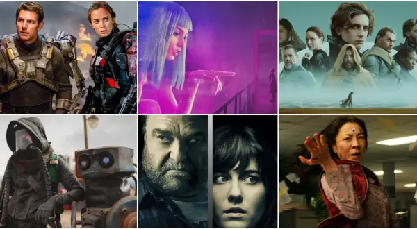 Kolaż plakatów filmowych: Tom Cruise i Emily Blunt w kombinezonach bojowych, hologramowa kobieta, postacie z Diuny, człowiek w masce gazowej z robotem, para z filmu "10 Cloverfield Lane", Michelle Yeoh w scenie akcji. To wszystko to film science fiction.