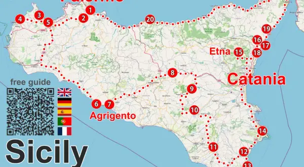 Mapa Sycylii z zaznaczonymi punktami wycieczki. Widoczne Palermo, Etna, Katania, Agrigento. Planujesz wycieczkę na Sycylię?