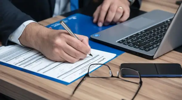 Biegły sądowy w garniturze pisze długopisem na dokumentach. Obok leży laptop, okulary i telefon.