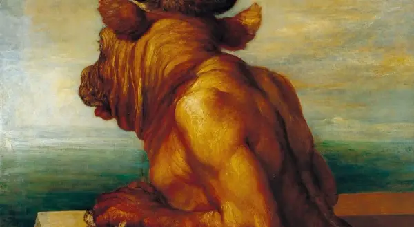 Le Minotaure, créature mythique de la Grèce antique, se repose au bord de la mer.