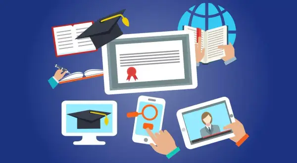Grafika przedstawia elementy związane z nauką online: dyplom, księgi, czapkę absolwenta, globus, komputer, smartfon i tablet. Idealne do promocji kursów e learning.