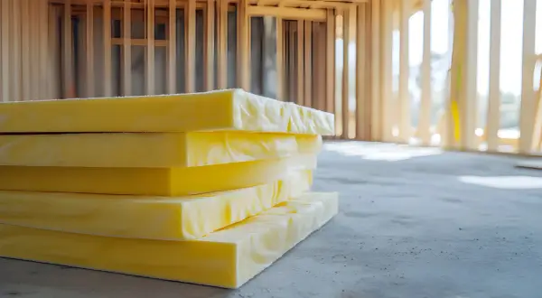 Lastre gialle impilate, pronte per l'installazione. Il loro fonoisolante significato è garantire quiete e comfort acustico.