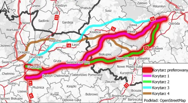 Mapa pokazuje przebieg tras S5 Grudziądz-Ostróda i S16. Kolory oznaczają różne warianty przebiegu dróg.
