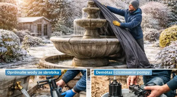 Mężczyzna przykrywa kamienną fontannę zimową płachtą. Dwa mniejsze zdjęcia pokazują osuszanie i demontaż pompy.