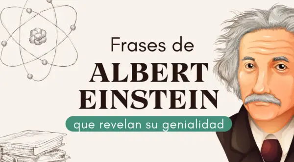 Ilustración de Albert Einstein con un átomo y libros, presentando frases de Einstein que revelan su genialidad.