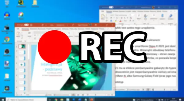 Ikona REC i czerwona kropka wskazują, jak nagrywać ekran na laptopie, prezentując pulpit z otwartymi programami.