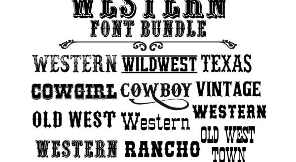 Ensemble de polices au style western : "Western", "Wildwest Texas", "Cowgirl Cowboy Vintage", "Old West", "Rancho Town".
