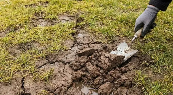 Ręka w rękawiczce używa łopatki do **piaskowania trawnika**, usuwając zbite, mokre grudki ziemi.