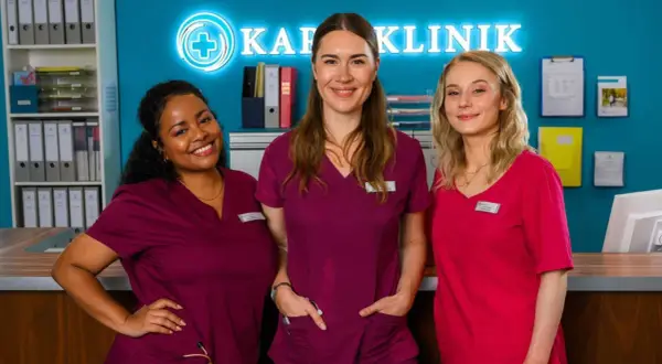 Drei Krankenschwestern lächeln vor dem Schild "Klinik". Staffel 12 von Bettys Diagnose verspricht spannende Fälle.
