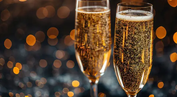 Dwa kieliszki musującego prosecco, które choć nie jest szampanem, równie pięknie bąbelkuje na tle rozmytych świateł.