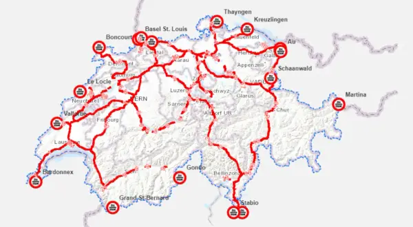 Mapa Szwajcarii z zaznaczonymi trasami i punktami kontrolnymi, wskazująca drogę do przejazdu przez winietę szwajcaria.