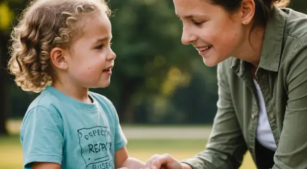 Matka z uśmiechem rozmawia z dzieckiem, ucząc je, jak reagować na brak szacunku.