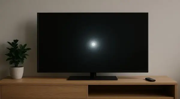 Czarny ekran telewizora na drewnianej szafce, obok stoi roślina. Czyżby telewizor sam się włącza?