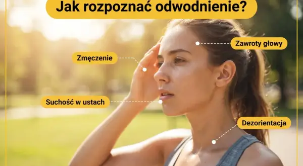 Kobieta z objawami odwodnienia: zmęczenie, suchość w ustach, zawroty głowy, dezorientacja.