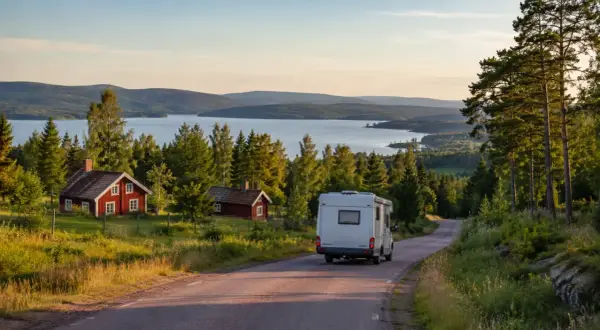Husbil på väg längs en slingrande väg genom ett vackert landskap med röda stugor och en sjö. Perfekt för den som vill se i dalarna.