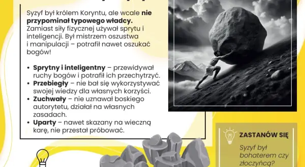 Mit o Syzyfie: król Koryntu, sprytny oszust, który próbował przechytrzyć bogów, skazany na wieczne wtaczanie głazu pod górę.