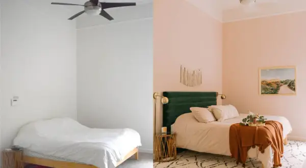 A budget bedroom makeover transforms a plain room with white walls and a simple bed into a cozy sanctuary with soft pink walls, a plush green headboard, and warm textiles.