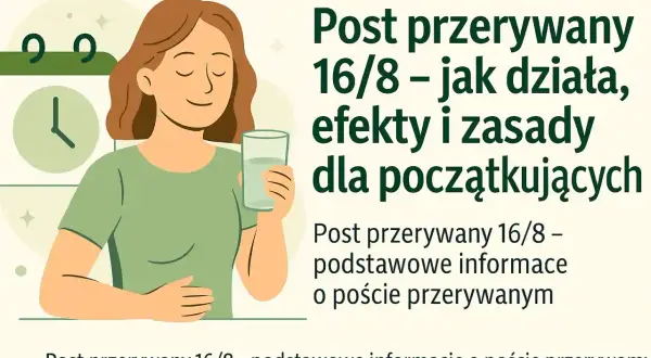 Kobieta z uśmiechem pije wodę, obok kalendarz i zegar. Post przerywany 16/8 – poznaj jego zalety i zasady.