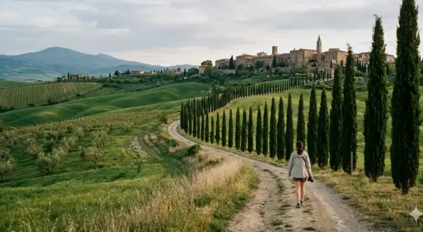 Passeggiata panoramica tra cipressi e colline verdi, un'idea su cosa fare in Val d'Orcia per godersi la bellezza della Toscana.