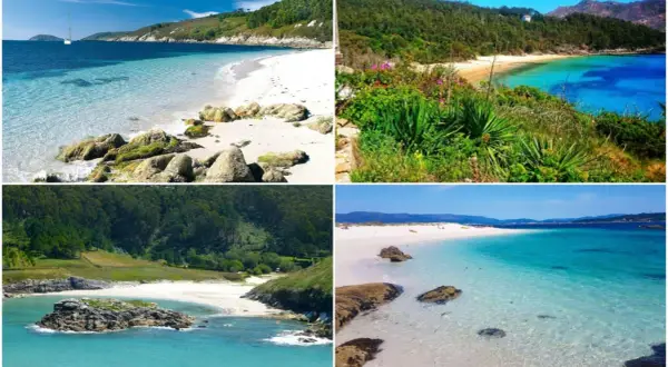 Cuatro impresionantes playas gallegas, parte de las 20 mejores playas de Galicia, con aguas cristalinas y paisajes verdes.