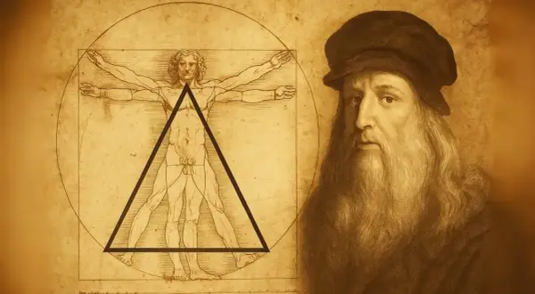 El hombre de Vitruvio de Leonardo da Vinci, junto a un retrato del genio renacentista.
