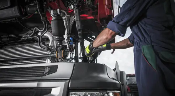 Mécanicien travaillant sur le moteur d'un camion, assurant la conformité avec la réglementation du contrôle technique poids lourds.