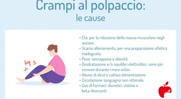 Persona seduta con dolore al polpaccio, evidenziato da simboli di fulmine. Le cause dei crampi al polpaccio includono età, scarso allenamento, peso, disidratazione, alcol, cattiva alimentazione, circolazione e farmaci.