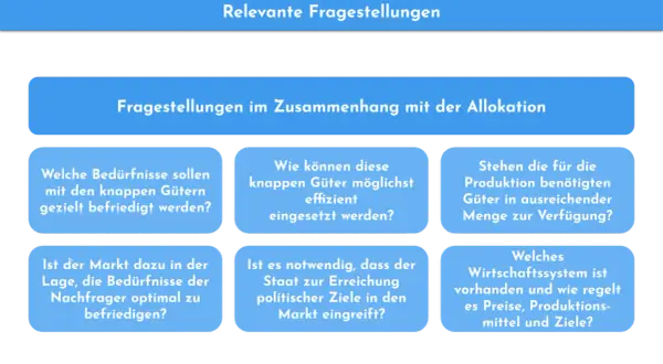 Fragen zur Allokation: Wie werden knappe Güter verteilt, welche Bedürfnisse werden befriedigt und wie effizient ist der Einsatz?