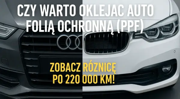 Dwa zderzaki samochodowe, jeden ciemny, drugi biały. Napis: "Czy warto oklejać auto folią ochronną (PPF)? Zobacz różnicę po 220 000 km!".