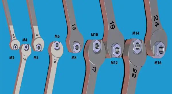 Klucze o różnych rozmiarach, od M3 do M16, dopasowane do nakrętek. Klucz 30 mm pasuje do śruby M16.