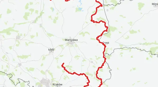 Mapa z zaznaczoną trasą rowerową R10, biegnącą od Bałtyku przez Warszawę i Kraków, ukazująca jej długość i przebieg.