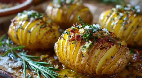 Pieczone ziemniaki Hasselback z ziołami i czosnkiem. Idealne jako inspiracja na co na obiad siedem przepisów na cały tydzień.