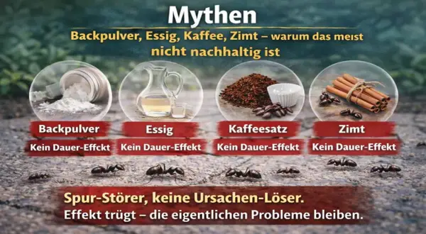 Ameisen krabbeln um Zimtstangen. Das Bild zeigt, dass Zimt, wie Backpulver, Essig und Kaffeesatz, kein Dauer-Effekt gegen Ameisen hat.