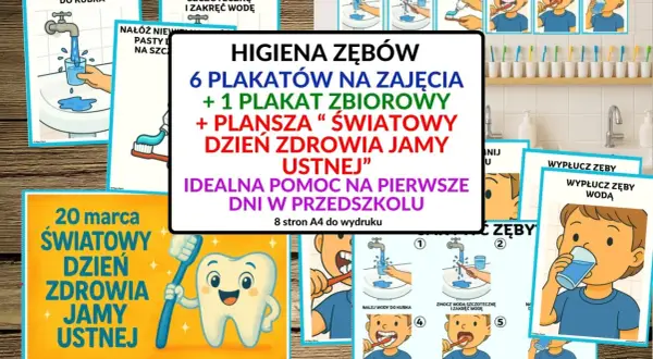 Zestaw materiałów edukacyjnych o higienie jamy ustnej dla przedszkolaków. Plakaty pokazują krok po kroku, jak prawidłowo myć zęby.