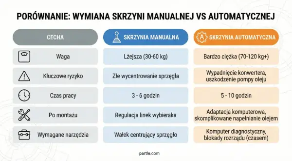 Porównanie wymiany skrzyni: automat czy manual. Tabela przedstawia różnice w wadze, ryzyku, czasie pracy, czynnościach po montażu i narzędziach.