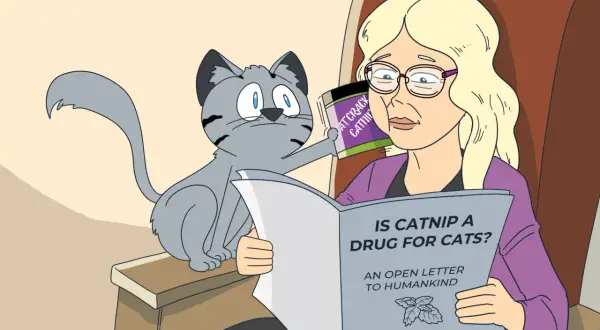A cat holds a "Cat Crack" container while a woman reads a paper titled "Is Catnip a Drug for Cats?".