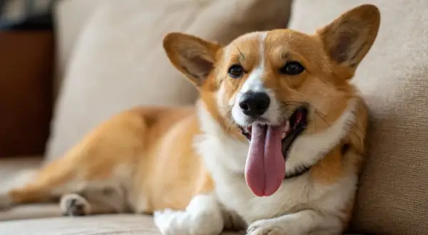 Szczęśliwy corgi leży na kanapie, dysząc z językiem na wierzchu. To normalne, dlaczego pies sapie po zabawie.