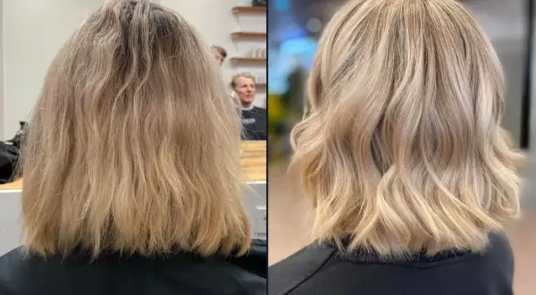Vorher-Nachher-Vergleich: Blondes Haar wird durch Balayage aufgehellt und bekommt mehr Glanz und Bewegung.