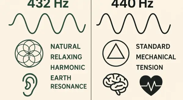 Confronto tra onde sonore: 432 Hz (naturale, rilassante, armonica, risonanza terrestre) e 440 Hz (tensione meccanica standard). Scopri i benefici della musica 432 Hz.
