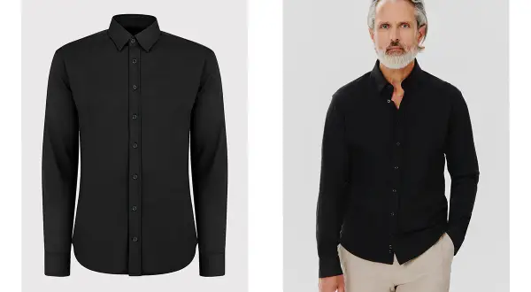 Elegancka czarna koszula męska. Idealna baza do stylizacji, zastanawiasz się jakie spodnie do czarnej koszuli? Jasne chinosy to świetny wybór.