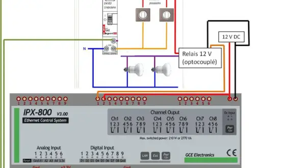 Schéma de câblage d'un télérupteur unipolaire ou bipolaire contrôlant deux lampes via un relais 12V optocouplé et un système de contrôle IPX-800.