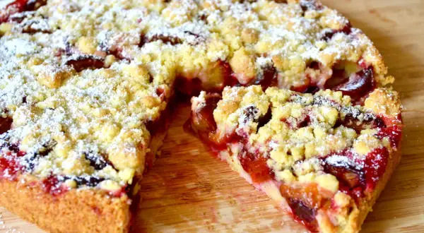 Saftiger Zwetschgenkuchen aus Hefeteig in einer Springform, bestreut mit Puderzucker und Streuseln.