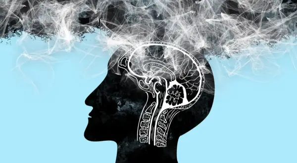 Silhouette di un profilo umano con un cervello disegnato all'interno. Fumo bianco vorticoso suggerisce la paura dei propri pensieri.