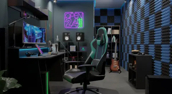 Nowoczesny pokój gamingowy z neonem "OPEN 24h", wygodnym fotelem, komputerem i gitarą.