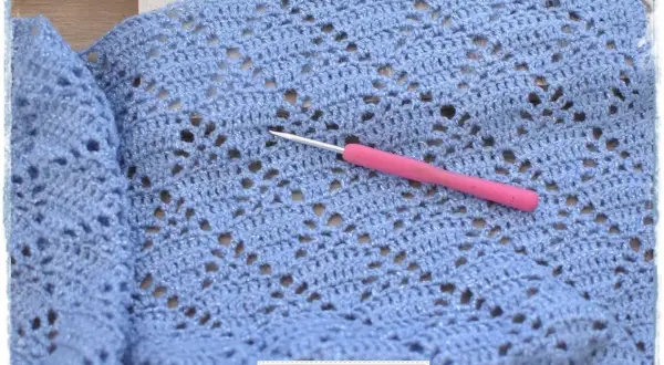 Un uncinetto rosa riposa su un lavoro a maglia azzurro con fili scintillanti, mostrando un delicato punto incrociato uncinetto.