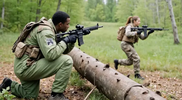 Dos jugadores de airsoft, uno agachado y otro corriendo, se mueven tácticamente por un bosque.