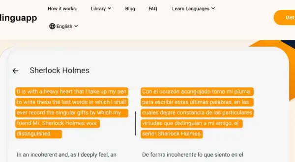 Aplikacja do nauki czytania Beelinguapp prezentuje fragment "Sherlocka Holmesa" w dwóch językach, ułatwiając naukę.
