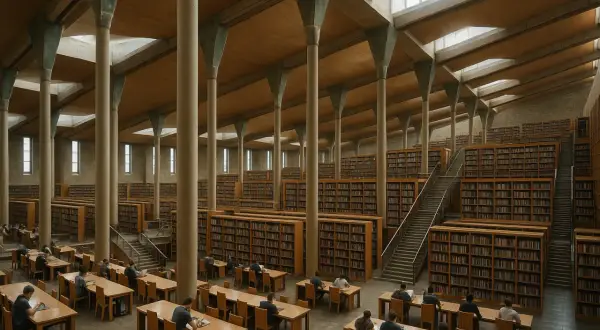 Wnętrze biblioteki z rzędami regałów pełnych książek, wysokimi kolumnami i świetlikami. Wygląda jak współczesna wersja biblioteki aleksandryjskiej.